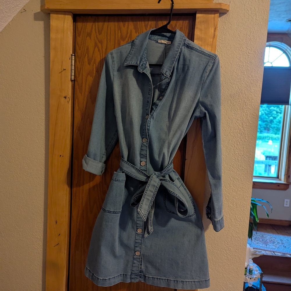 Denim Button-Up Dress with Belt